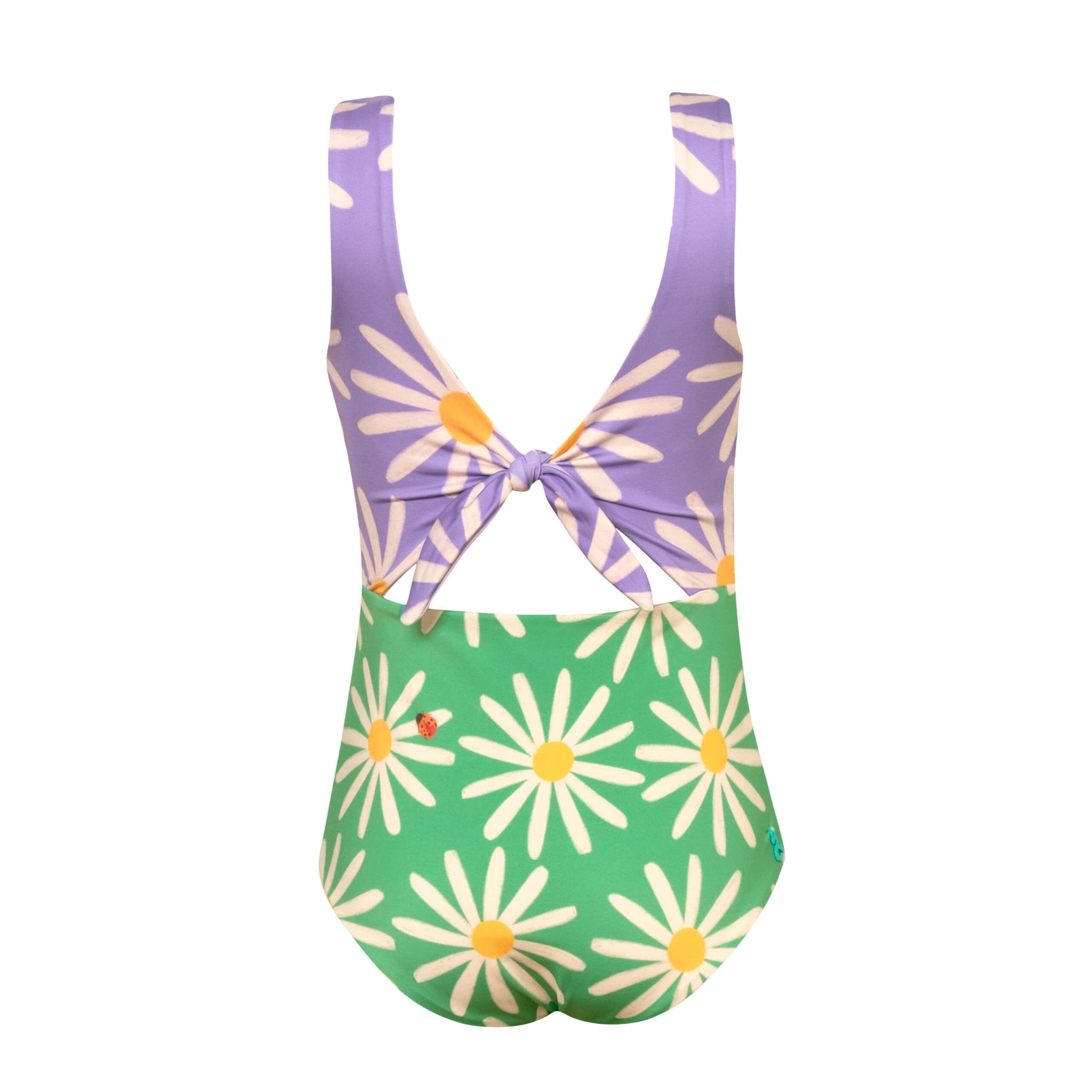 Cute little girls one piece bikini. Half purple and half green with cute flower and ladybug pattern all over. The swimsuit has a deep back v neck with a cutout and tie. 