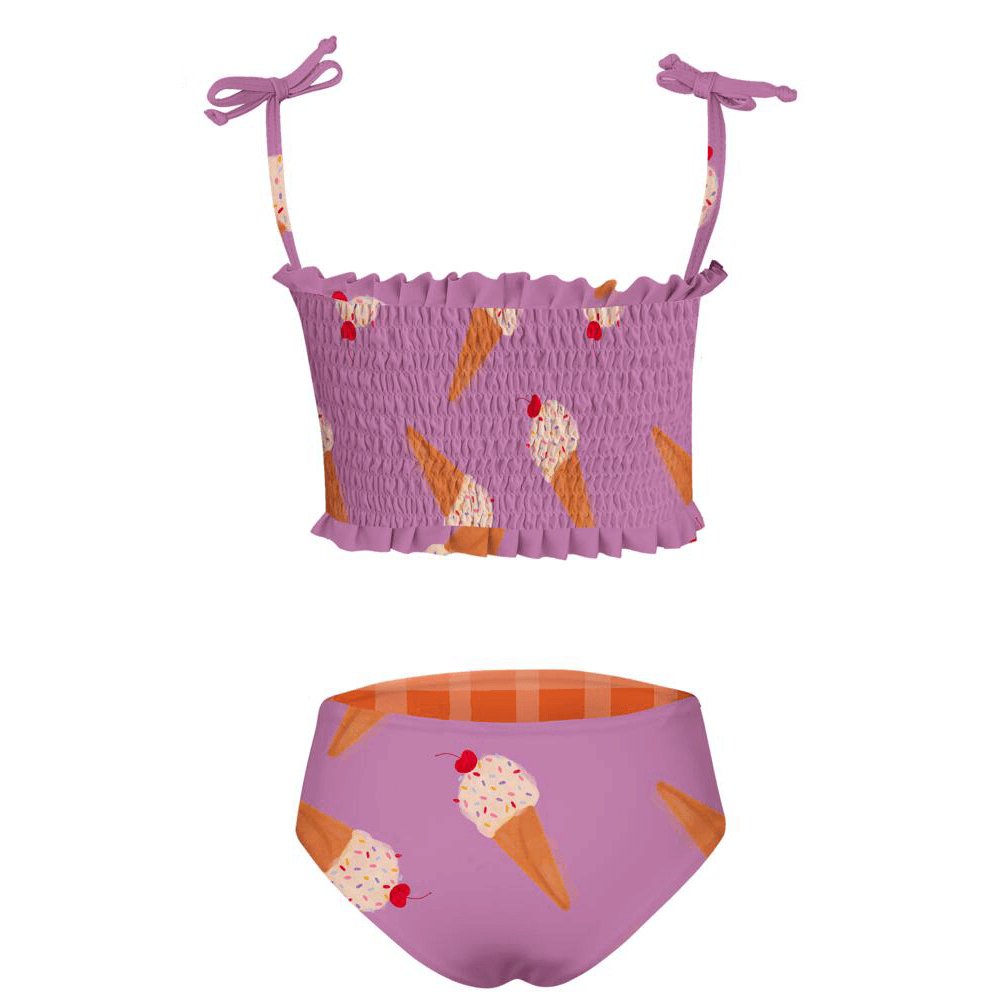 Back of Purple ice cream themed two piece swimsuit for girls. Has an adjustable spagetti strap for the top. The swimsuit is shown over a white background. 