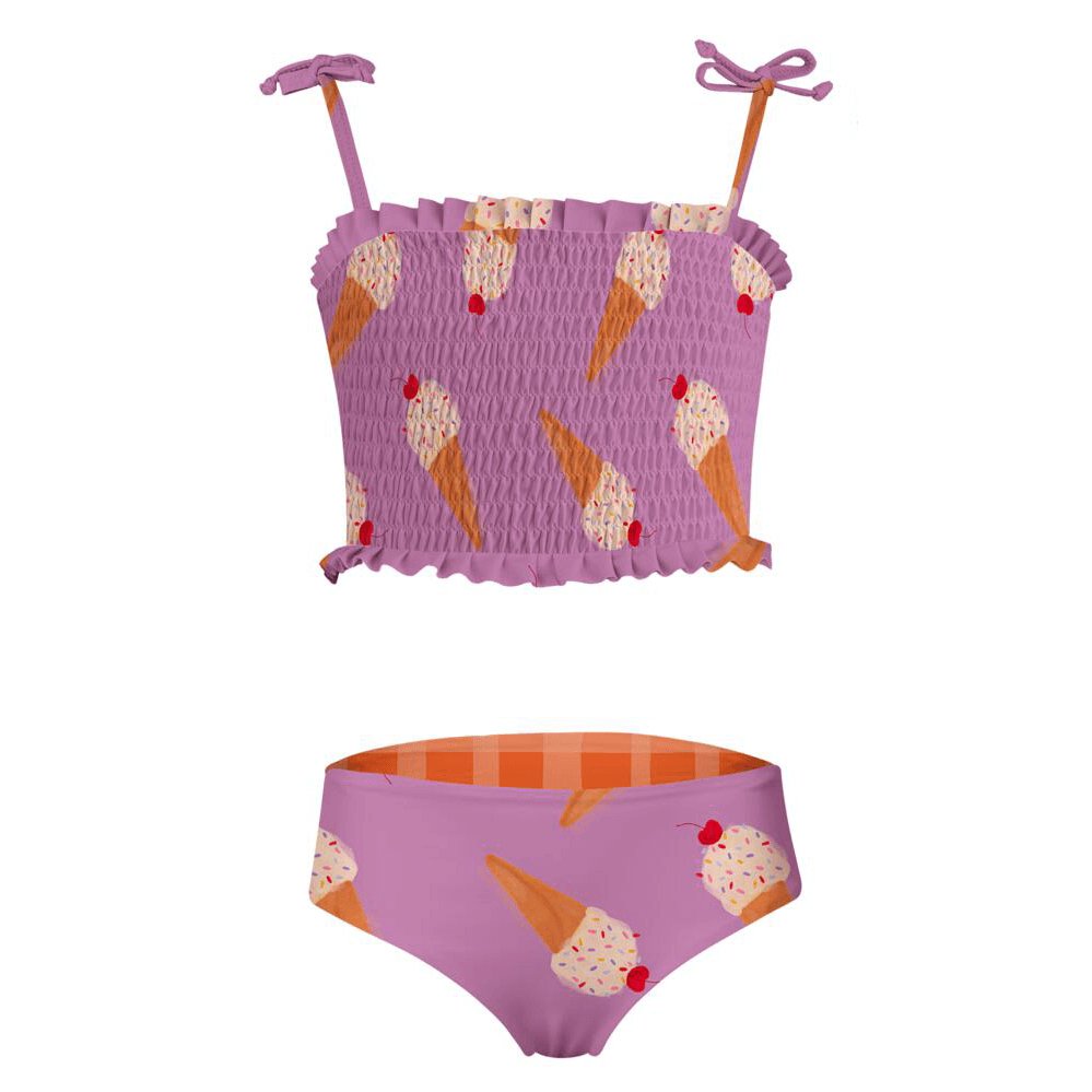 Purple ice cream themed two piece swimsuit for girls. Has an adjustable spagetti strap for the top. The swimsuit is shown over a white background. 