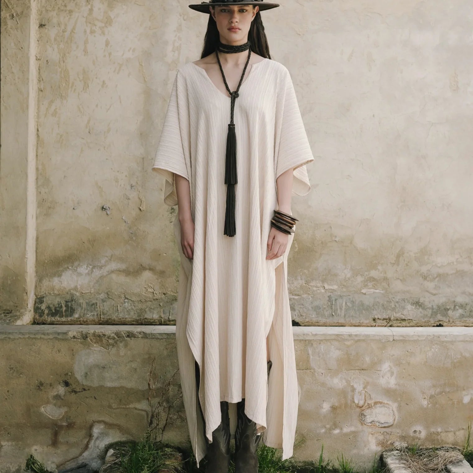 Person wearing a long beige dress with a hat and boots standing against a textured wall.