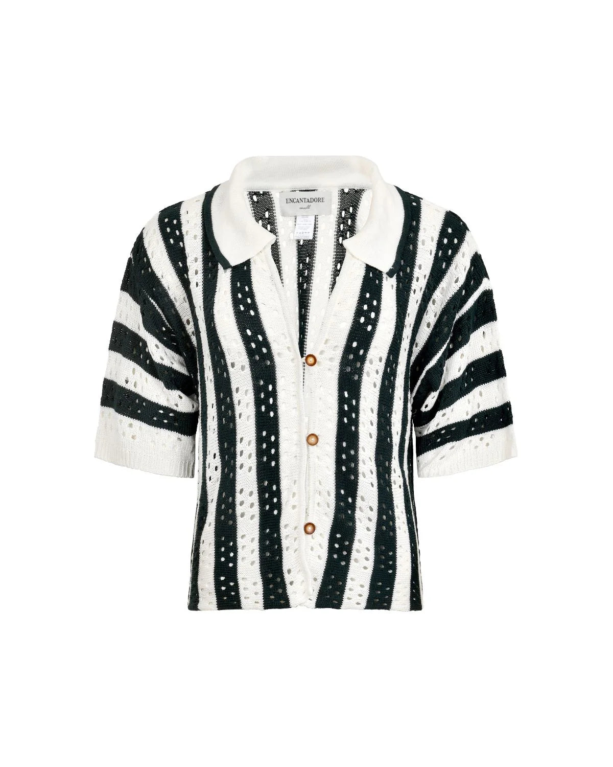 Black and white striped shirt with gold buttons on a white background.