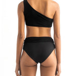 Back of a model wearing the Leonor Bikini top and the Leo bikini bottom by Encantadore Swimwear.