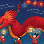 Illustration of a red dragon with children holding lanterns against a night sky with fireworks, celebrating the Chinese New Year.