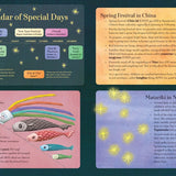 Educational posters about special days, Spring Festival in China, Fushimi Inari Shrine in Japan, and Matariki in New Zealand.