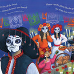 Illustration of people celebrating Dia de Muertos with colorful decorations and offerings.