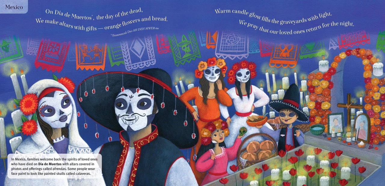 Illustration of people celebrating Dia de Muertos with colorful decorations and offerings.