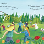 Illustration of a community gathering in a village with a red barn, trees, and people dancing.