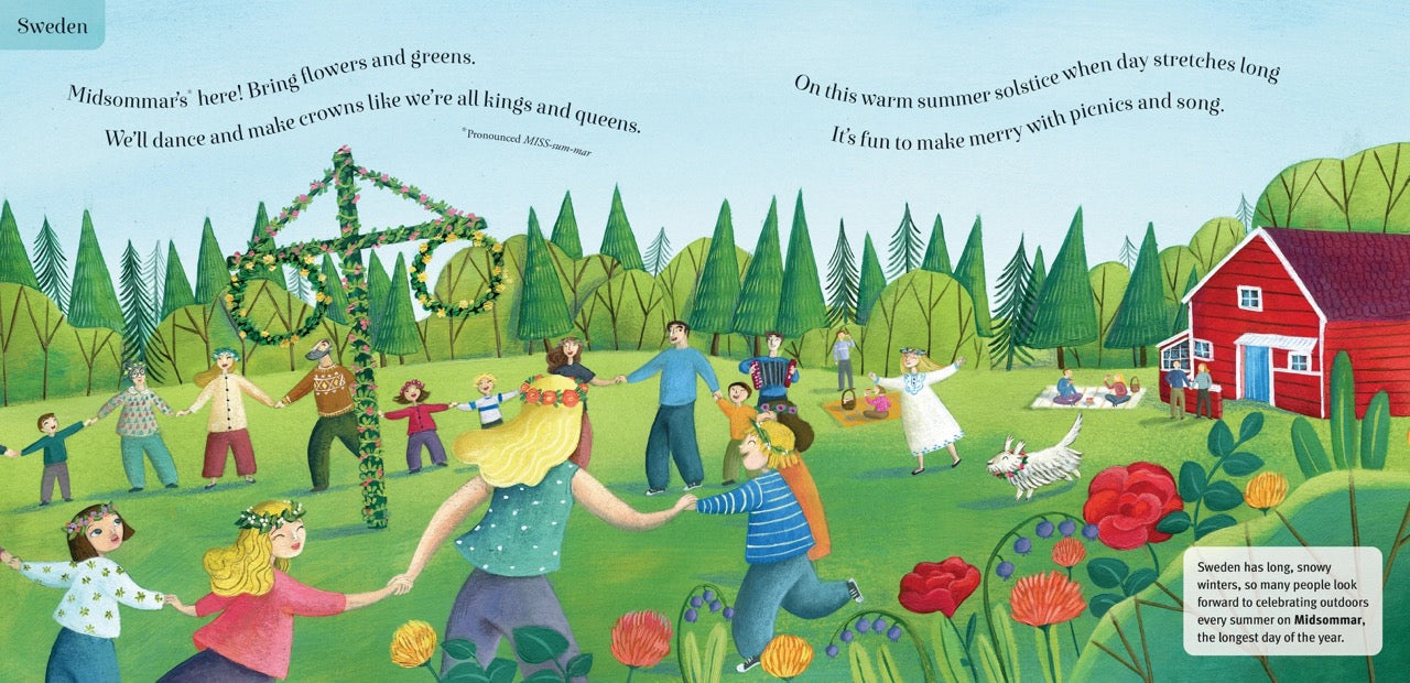 Illustration of a community gathering in a village with a red barn, trees, and people dancing.