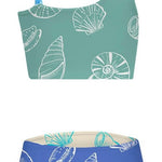 Two-piece swimsuit with shell pattern on teal top and blue bottom against a white background