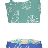 Two-piece swimsuit with shell pattern on teal top and blue bottom against a white background