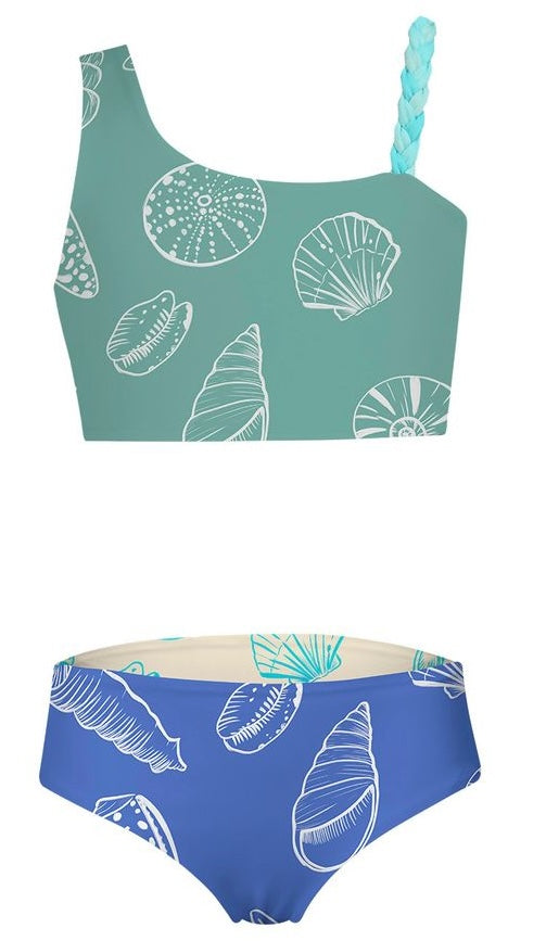 Two-piece swimsuit with shell pattern on teal top and blue bottom against a white background
