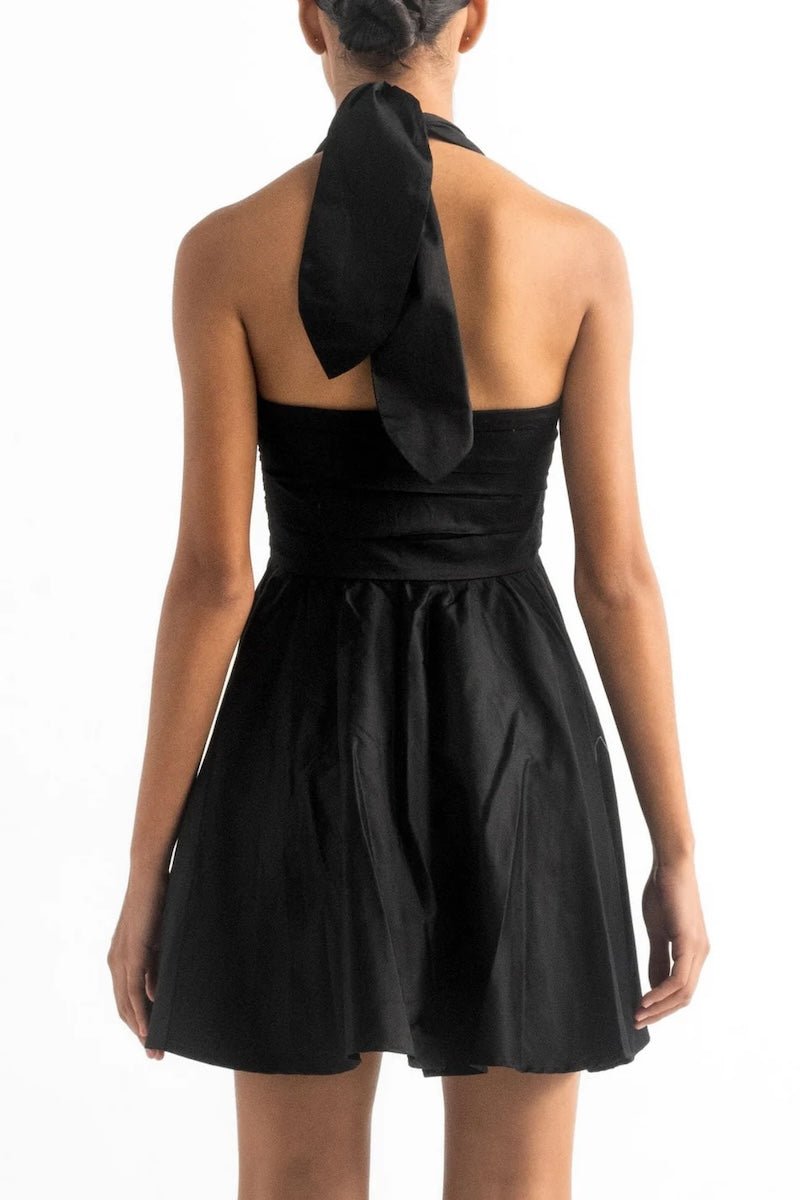 Close up image of the back of a woman wearing a black mini halter dress by Encanrtadore Swimwear. It's against a white background. The purpose of this image is to highlight the dress because it is sold at EVAMAIA boutique in Studio City, CA.