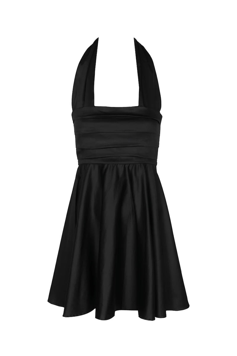 Image of a black mini halter dress by Encanrtadore Swimwear. It's against a white background. The purpose of this image is to highlight the dress because it is sold at EVAMAIA boutique in Studio City, CA. 