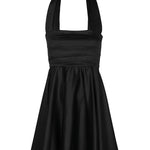 Image of a black mini halter dress by Encanrtadore Swimwear. It's against a white background. The purpose of this image is to highlight the dress because it is sold at EVAMAIA boutique in Studio City, CA. 