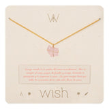 Image of a gold necklace with a rose quartz charm. It's on its packaging. The purpose of this image is to highlight the necklace by Wish Jewelry because it's sold at EVAMAIA boutique in Studio City, CA.