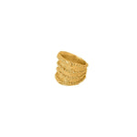 Image of a gold oversized ring that has small dots throughout it. The purpose of this image is to highlight the ring, made by Pajarolimon Jewelry and sold at EVAMAIA boutique in Studio City.