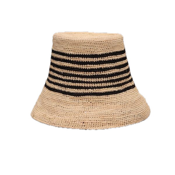 Beige woven hat with black stripes on a white background