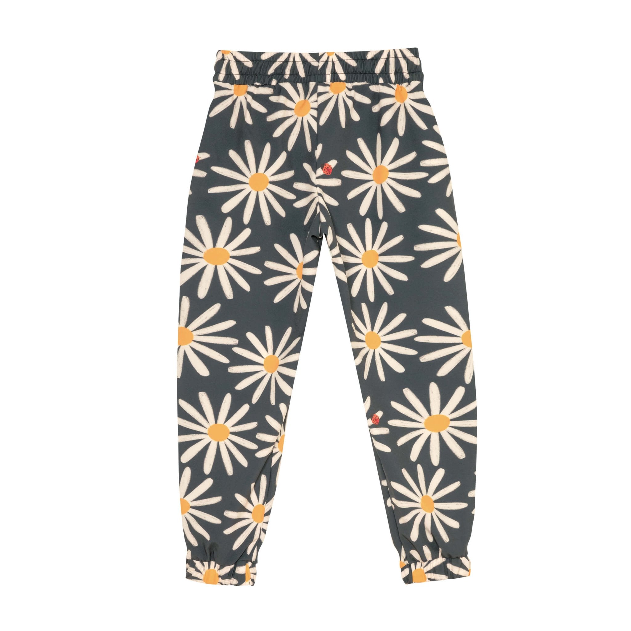 Back of adorable grey sunflower printed pants for girls. It has a drawstring waist and cinched legs. Also ittle ladybug details. The pants are shown over a white background.