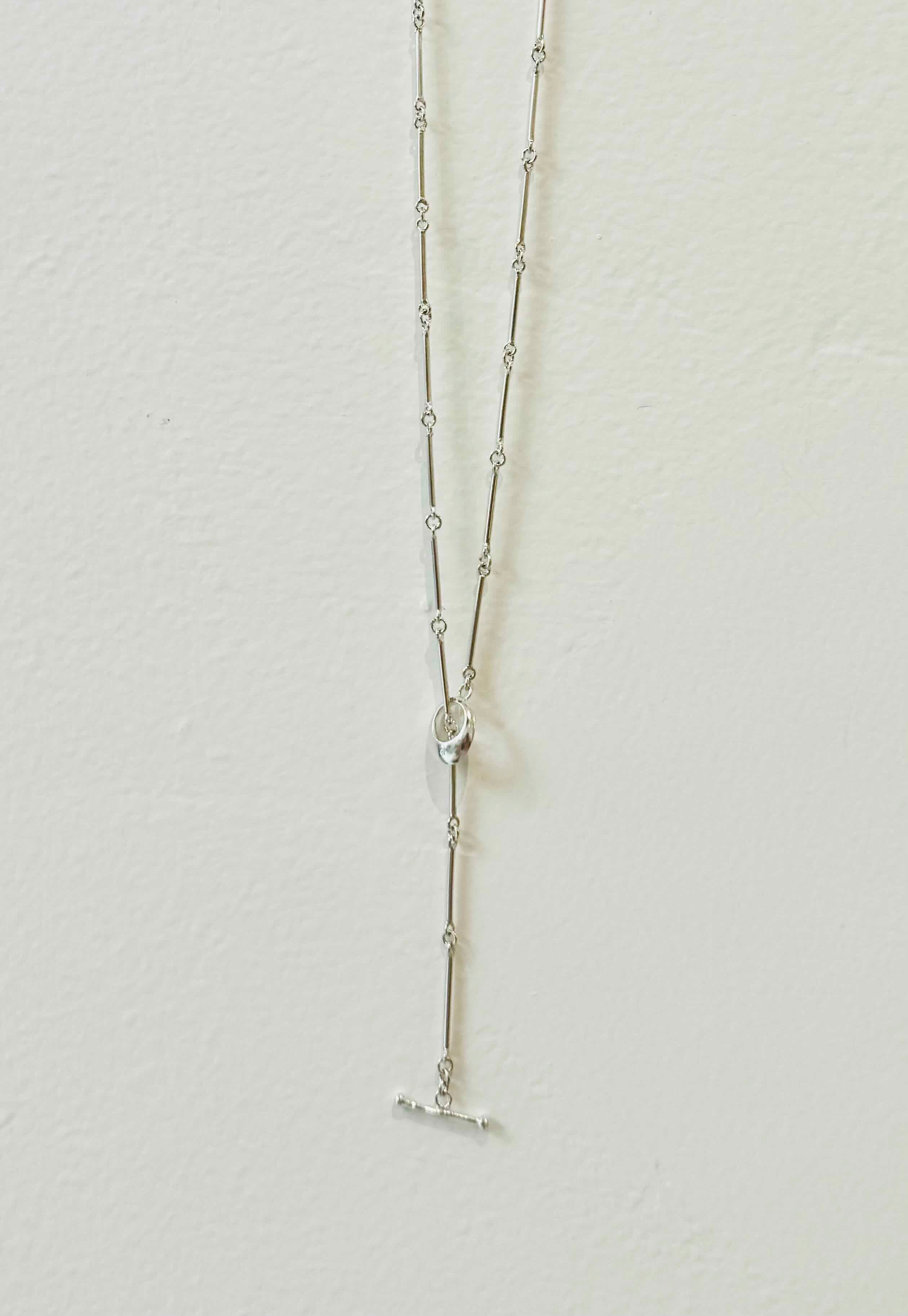 Long sterling silver bar-link lariat necklace with toggle charm, 54cm