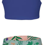 Girls two-piece bathing suit set with a blue bikini top and floral high-waisted bikini bottom.