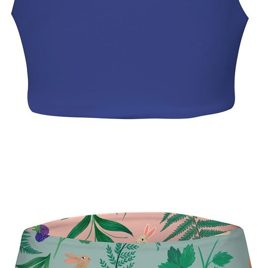 Girls two-piece bathing suit set with a blue bikini top and floral high-waisted bikini bottom.