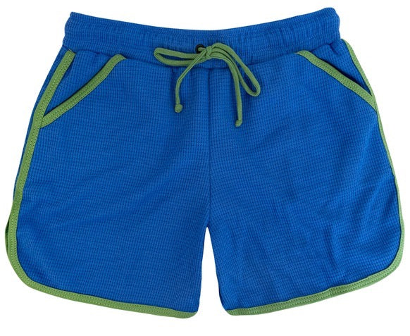 Blue shorts with green trim on a white background. 