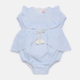 Light blue baby romper with ruffled top on a white background
