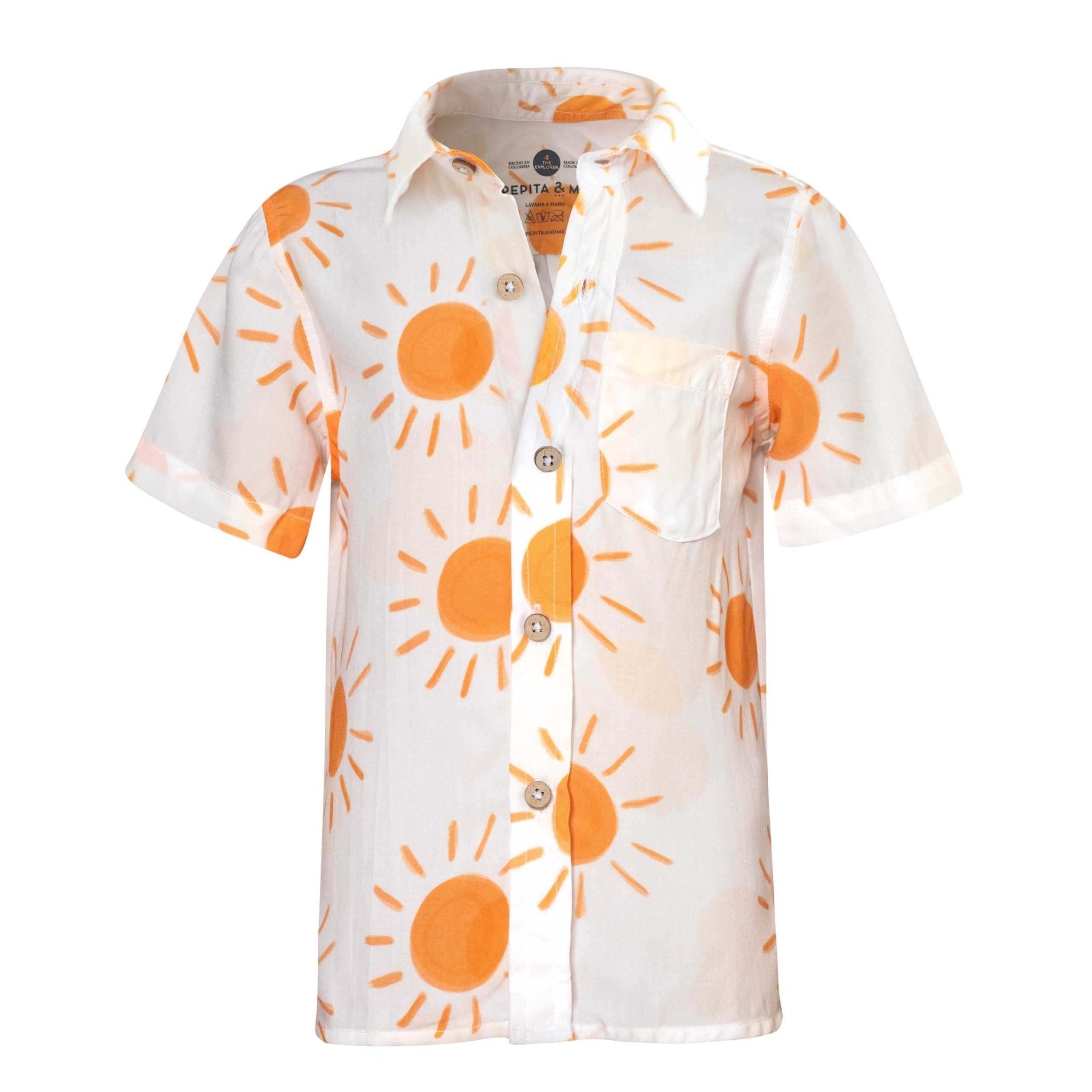 White Sunshine shirt with orange suns against a white backgroud