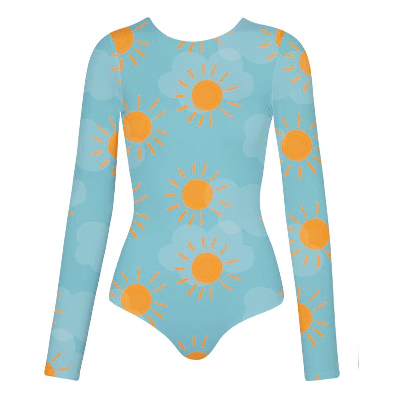 The front of the sun longsleeve one piece bikini. It is a sky blue swimsuit with a sun and cloud pattern all over. The bikini is over a white background.