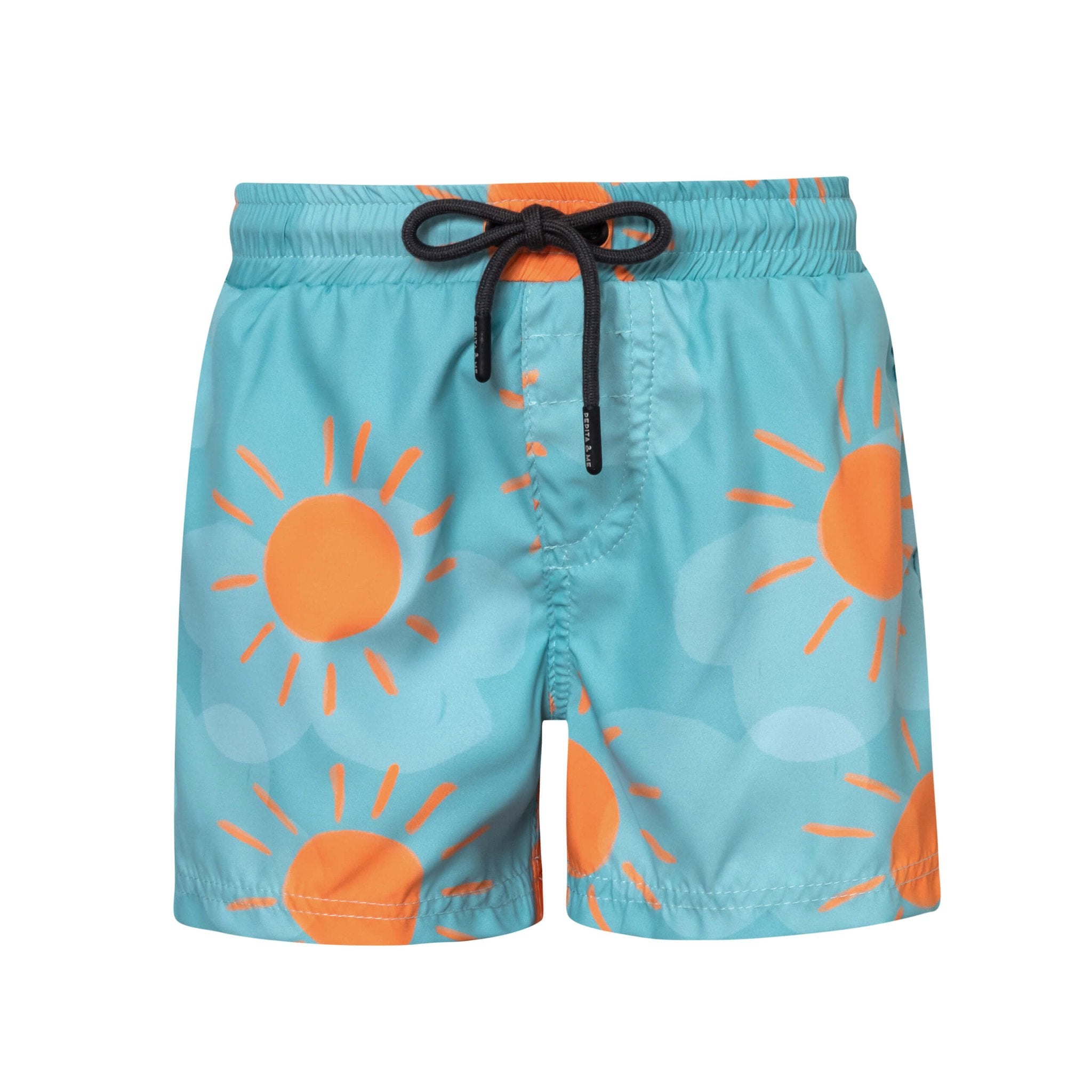 Sky blue swimshorts with a sun and cloud pattern. These shorts have a black adjustable drawstring. The front of the shorts are shown over a white background.