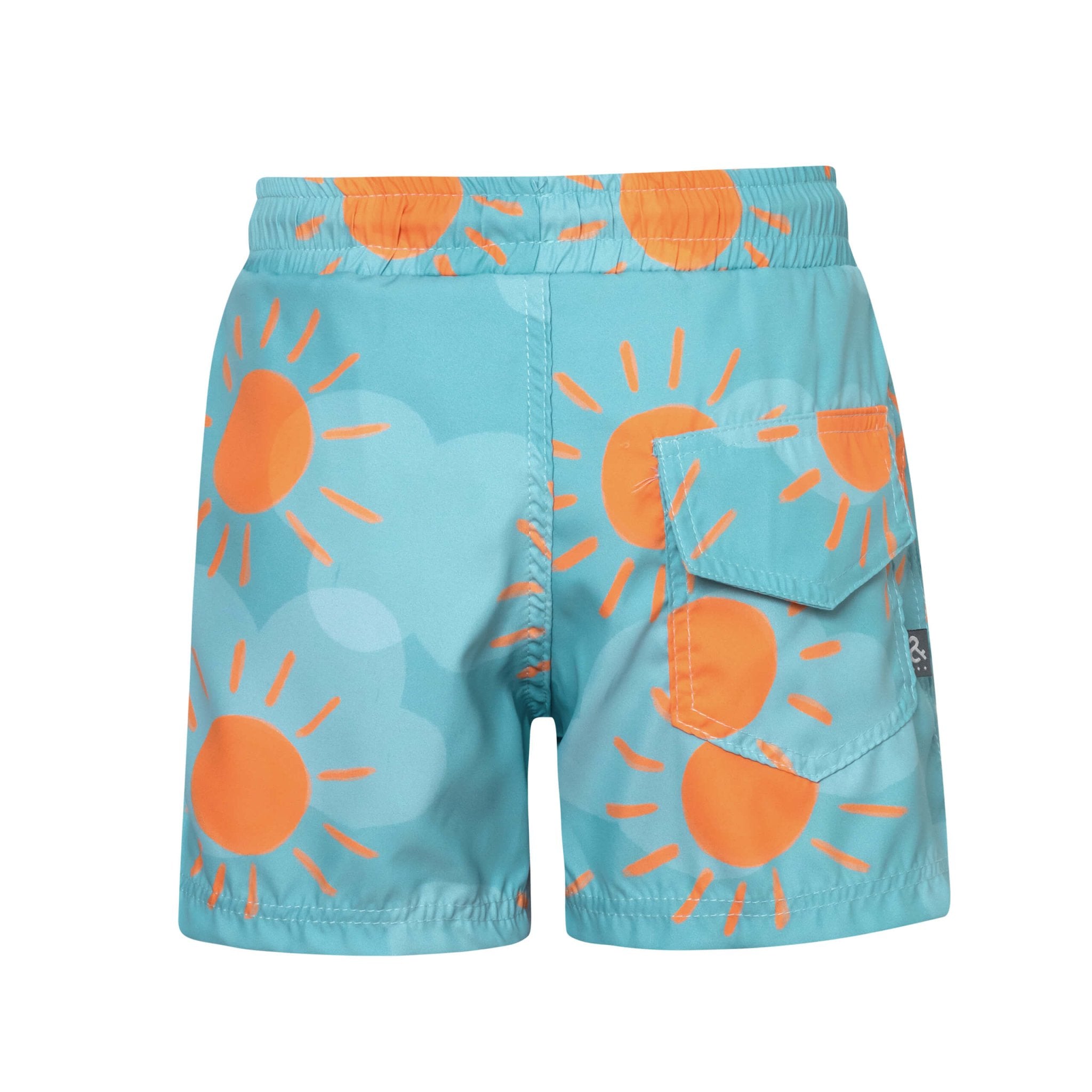 These shorts have an easy little back pocket. The back of the shorts are shown over a white background.