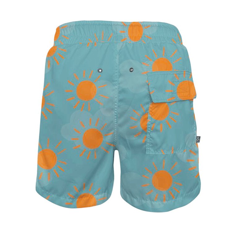Back of blue and orange sunshine swim shorts for him, against a white background.