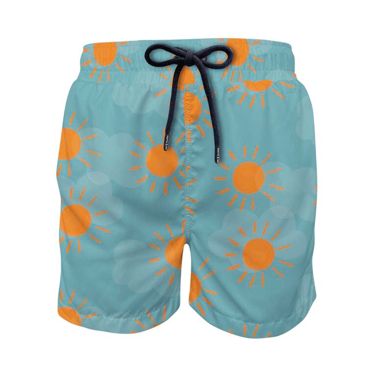 Front of blue and orange sunshine swim shorts for him, against a white background.