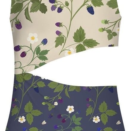Girls one-shoulder one-piece bathing suit top with floral pattern and stomach cut-out.