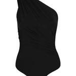 Image of a black swimsuit with draping on the front. It's a one shoulder fit. The swimsuit is on a white background. The purpose of the image is to highlight the swimsuit because it is for sale at EVAMAIA Boutique.