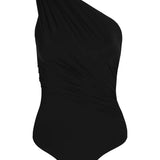 Image of a black swimsuit with draping on the front. It's a one shoulder fit. The swimsuit is on a white background. The purpose of the image is to highlight the swimsuit because it is for sale at EVAMAIA Boutique.