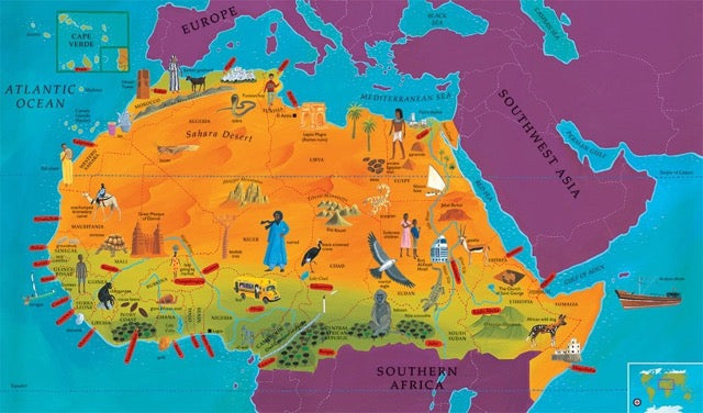 A page from the 'Barefoot Books World Atlas' featuring an illustration of Northern Africa.