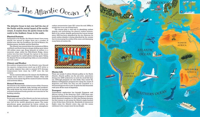 A page from the 'Barefoot Books World Atlas' featuring an illustration of the Atlantic Ocean and information about it. 