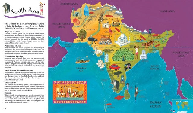 A page from the 'Barefoot Books World Atlas' featuring an illustration of South Asia and information about that part of the continent.