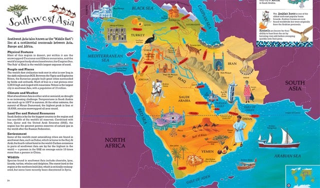 A page from the 'Barefoot Books World Atlas' featuring an illustration Southwest Asia and written information about that part of the continent.