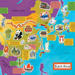 Colorful map of East Asia with various landmarks and text labels.