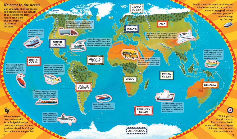 World map with labeled continents and oceans, educational design.