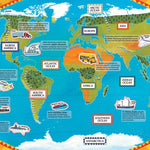 World map with labeled continents and oceans, educational design.