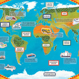 World map with labeled continents and oceans, educational design.