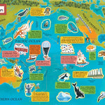Map of the world with various icons and labels on a blue background.