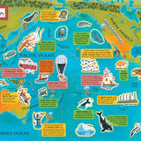 Map of the world with various icons and labels on a blue background.