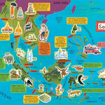 Map of Southeast Asia with various landmarks and icons on a blue background.