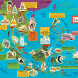 Map of Southeast Asia with various landmarks and icons on a blue background.