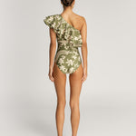 back of Abigail Emerald One Shoulder Ruffled One Piece Swimsuit on model on plain background
