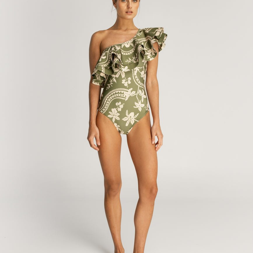 Abigail Emerald One Shoulder Ruffled One Piece Swimsuit on model on plain background